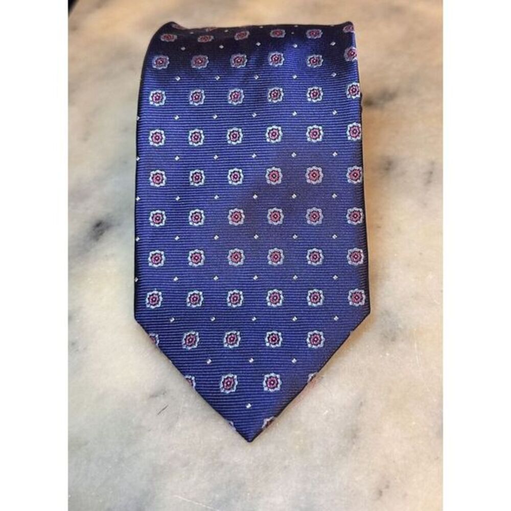 Paul Fredrick 100% Silk Blue Geometric Foulard Tie Made in Italy XL 66" Length